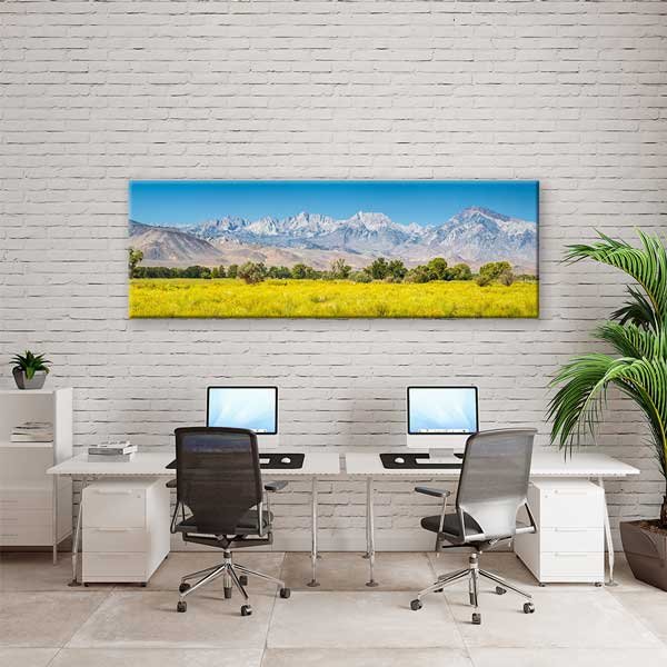Sarı Çayırlar Önünde Karlı Dağ Silüeti Panoramik Duvar Tablosu 13818