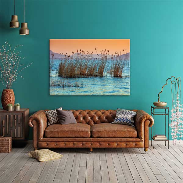 interior-wall-art-13484-01 Gün Batımında Göl Kamışları ve Su Manzarası Kanvas Tablo 13484