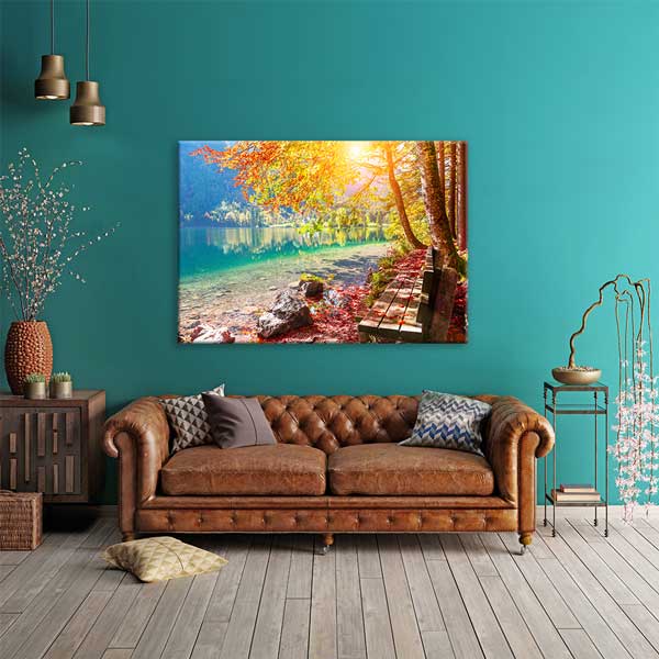 Sonbahar Göl Kıyısı ve Bank Manzarası Kanvas Tablo 13485