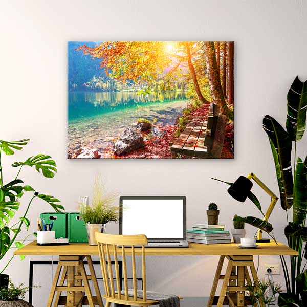Sonbahar Göl Kıyısı ve Bank Manzarası Kanvas Tablo 13485