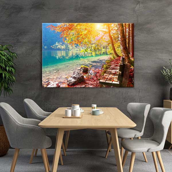 Sonbahar Göl Kıyısı ve Bank Manzarası Kanvas Tablo 13485