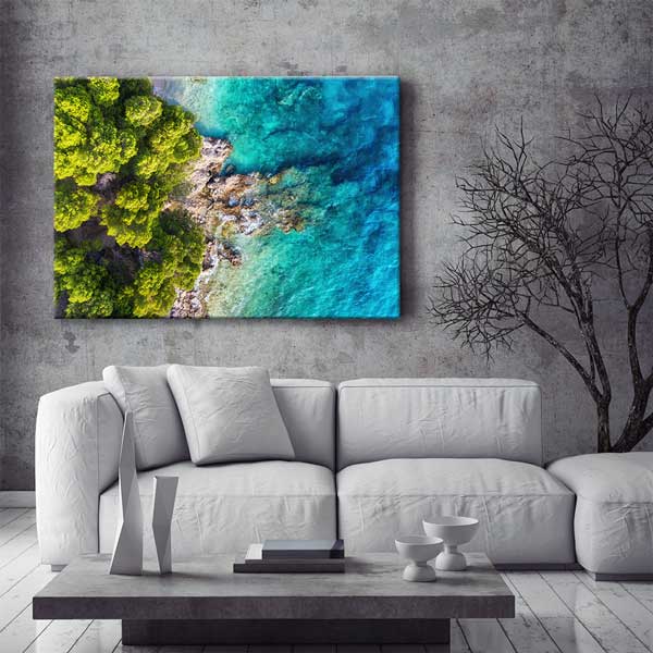 Havadan Kıyı Ormanı ve Turkuaz Deniz Manzarası Kanvas Tablo 13494