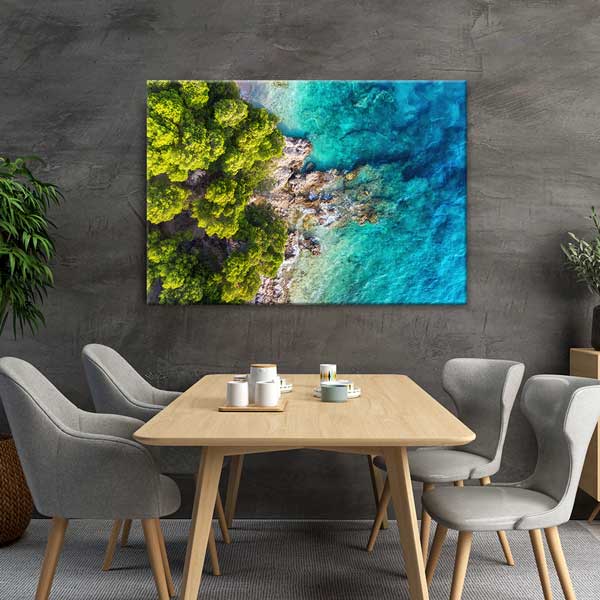 Havadan Kıyı Ormanı ve Turkuaz Deniz Manzarası Kanvas Tablo 13494