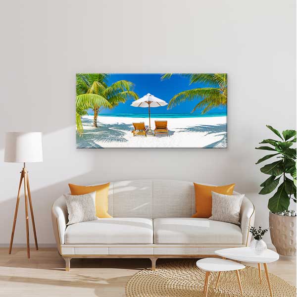 interior-wall-art-13664-01 Beyaz Kumplaj ve Şezlonglar Tropik Sahil Manzara Kanvas Tablo – 13664