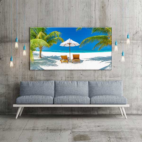 interior-wall-art-13664-04 Beyaz Kumplaj ve Şezlonglar Tropik Sahil Manzara Kanvas Tablo – 13664