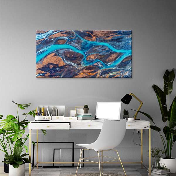 Soyut Glacial River Delta Turkuaz Nehir Kuş Bakışı Kanvas Tablo – 13690