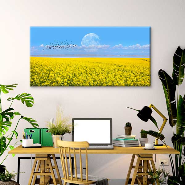 interior-wall-art-13743-02 Sarı Çiçek Tarlası ve Ay Manzarası Kanvas Tablo – 13743