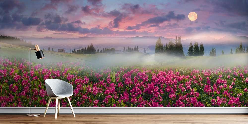 Günbatımı ve Dolunayla Sisli Çiçek Tarlası Panorama Fotoğraf Duvar Kağıdı 12910
