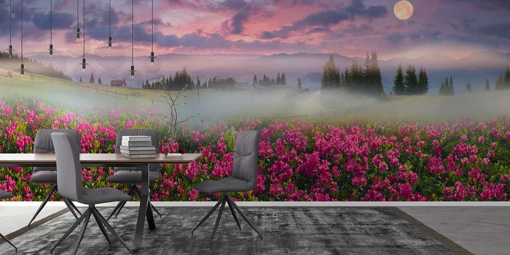 Günbatımı ve Dolunayla Sisli Çiçek Tarlası Panorama Fotoğraf Duvar Kağıdı 12910