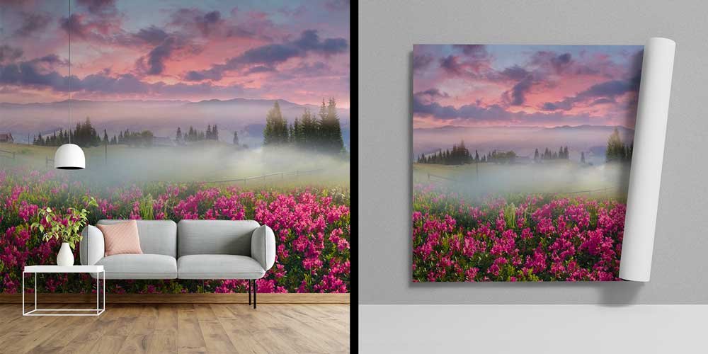 Günbatımı ve Dolunayla Sisli Çiçek Tarlası Panorama Fotoğraf Duvar Kağıdı 12910
