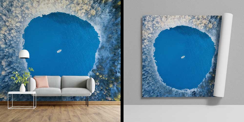 Havadan Çekim Donmuş Göl ve Tekne Manzaralı Duvar Kağıdı 13110