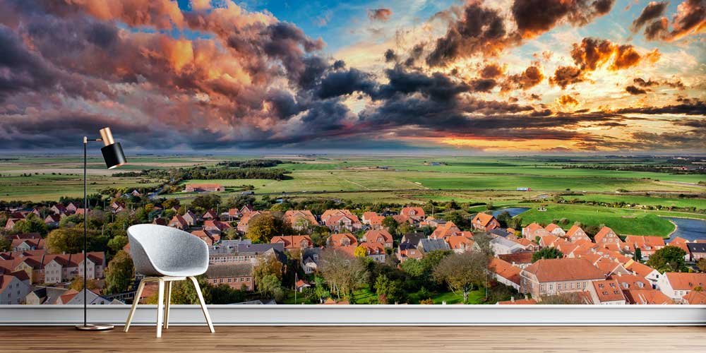 interior-wall-decor-13134-00 Gün Batımında Avrupa Kırsal Yerleşim Manzaralı Duvar Kağıdı 13134