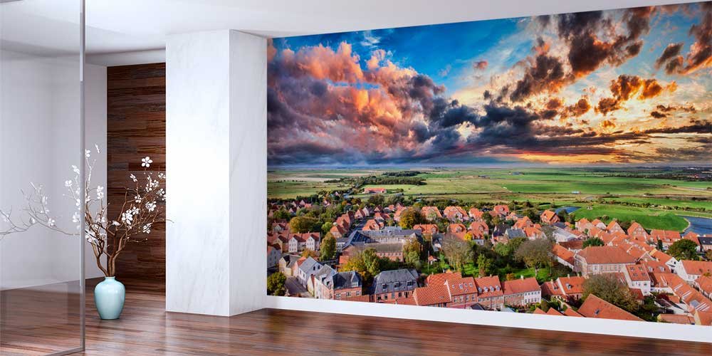 Gün Batımında Avrupa Kırsal Yerleşim Manzaralı Duvar Kağıdı 13134