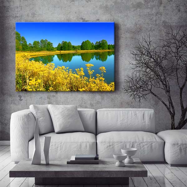 interior-wall-decor-13592-01 Sarı Çiçekler ve Sakin Göl Manzarası Kanvas Tablo 13592