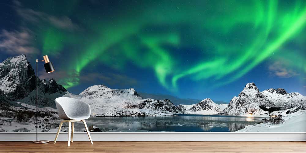 Kuzey Işıkları Altında Karlı Dağlar ve Göl Manzaralı Duvar Kağıdı 13043