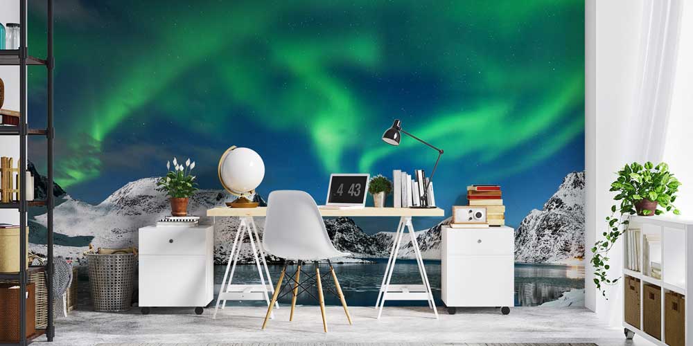 Kuzey Işıkları Altında Karlı Dağlar ve Göl Manzaralı Duvar Kağıdı 13043