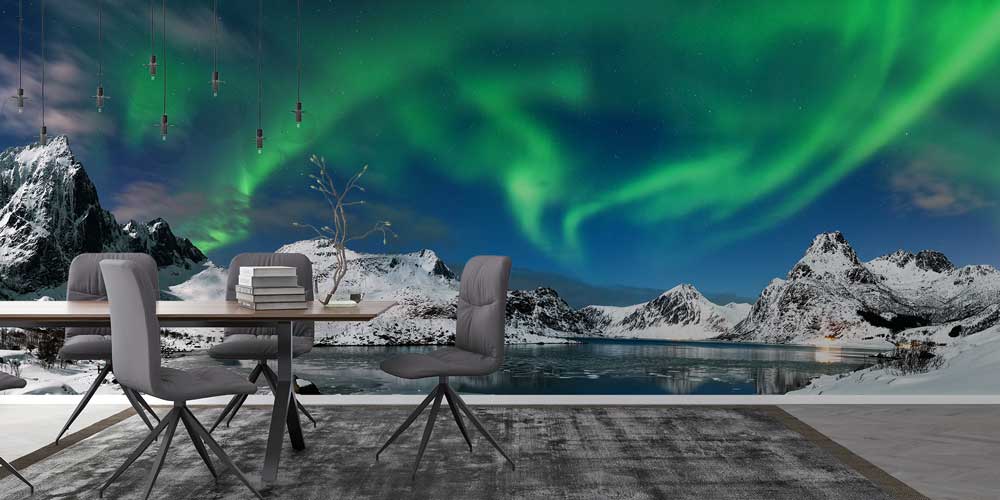 Kuzey Işıkları Altında Karlı Dağlar ve Göl Manzaralı Duvar Kağıdı 13043