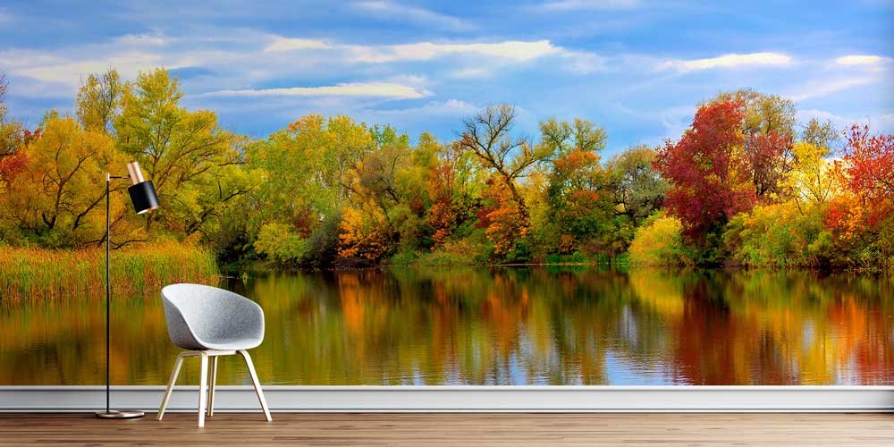 Sonbahar Ormanı ve Göl Yansımaları Panorama Fotoğraf Duvar Kağıdı 12914