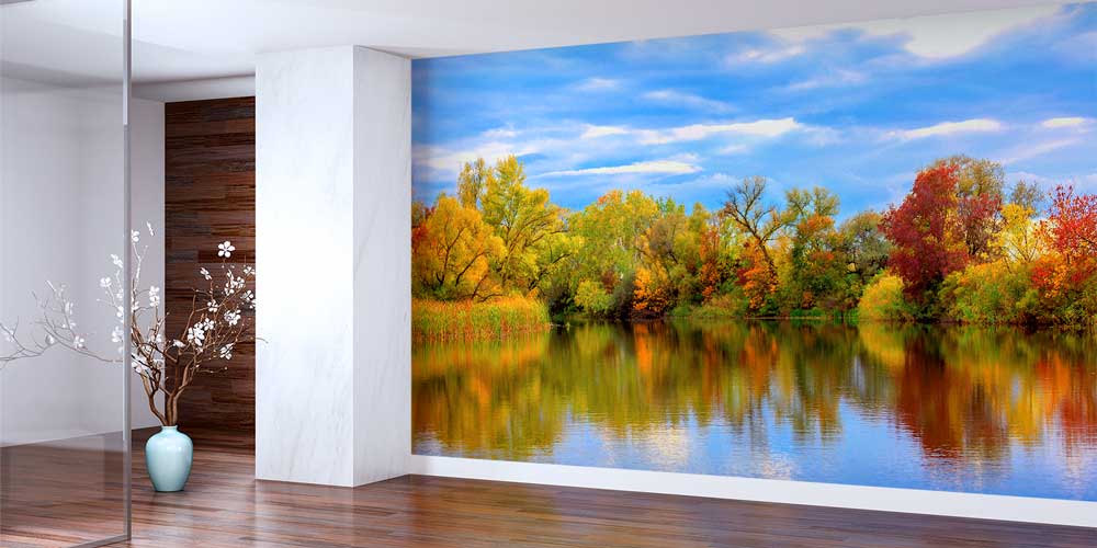 Sonbahar Ormanı ve Göl Yansımaları Panorama Fotoğraf Duvar Kağıdı 12914