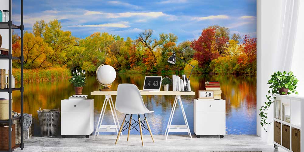 Sonbahar Ormanı ve Göl Yansımaları Panorama Fotoğraf Duvar Kağıdı 12914