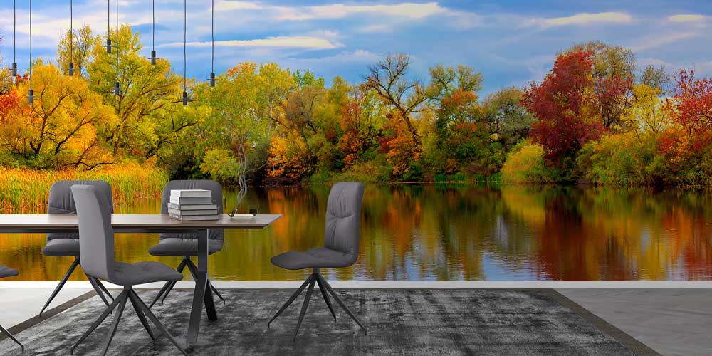 Sonbahar Ormanı ve Göl Yansımaları Panorama Fotoğraf Duvar Kağıdı 12914