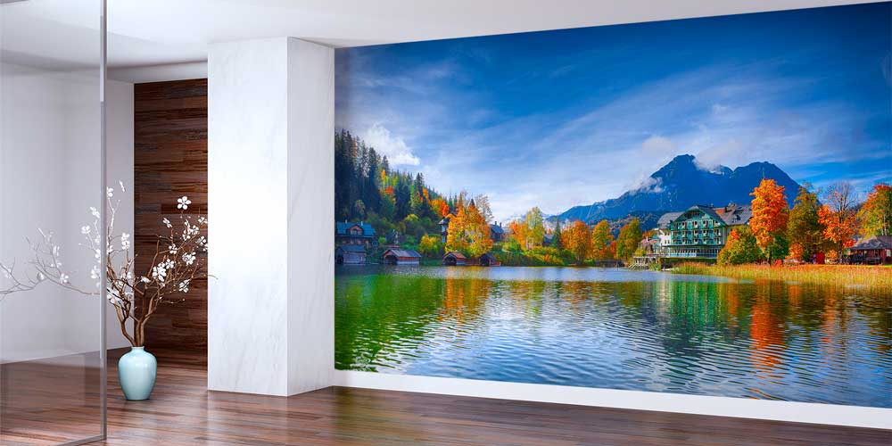 Göl ve Dağ Manzaralı Sonbahar Temalı Duvar Kağıdı 12990