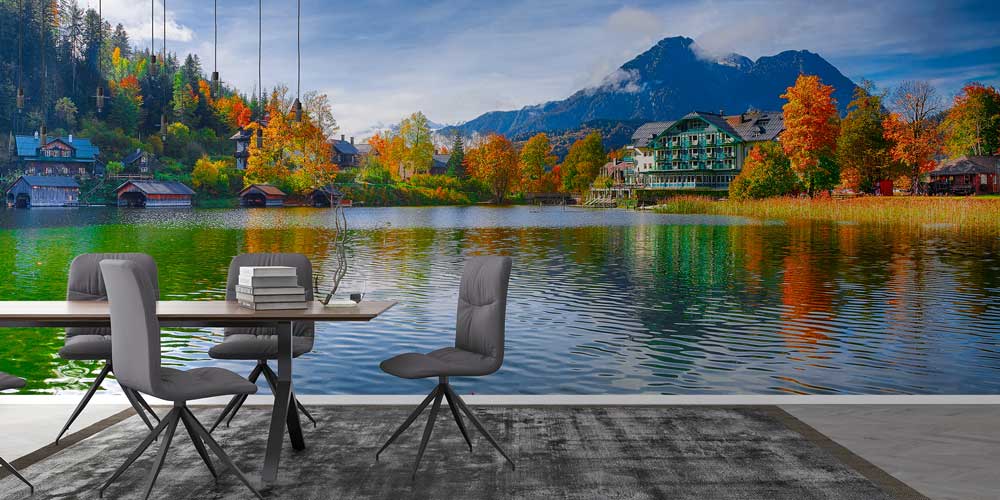 Göl ve Dağ Manzaralı Sonbahar Temalı Duvar Kağıdı 12990