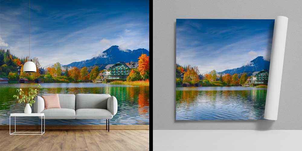 Göl ve Dağ Manzaralı Sonbahar Temalı Duvar Kağıdı 12990