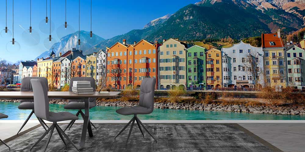 Nehir Kıyısı Renkli Avrupa Evleri Manzaralı Duvar Kağıdı 13018