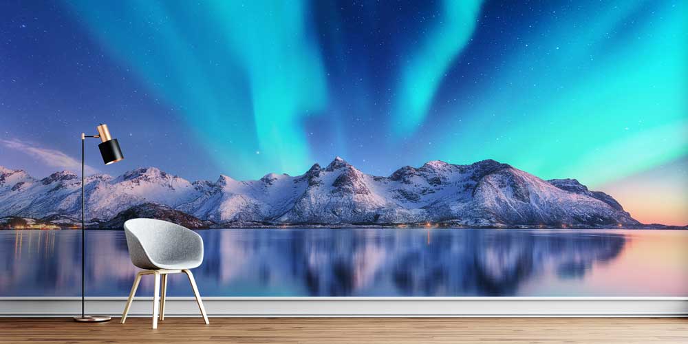 Kuzey Işıkları ve Karlı Dağlar Manzaralı Avrupa Duvar Kağıdı 13032