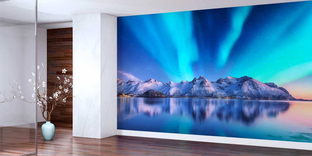 Kuzey Işıkları ve Karlı Dağlar Manzaralı Avrupa Duvar Kağıdı 13032