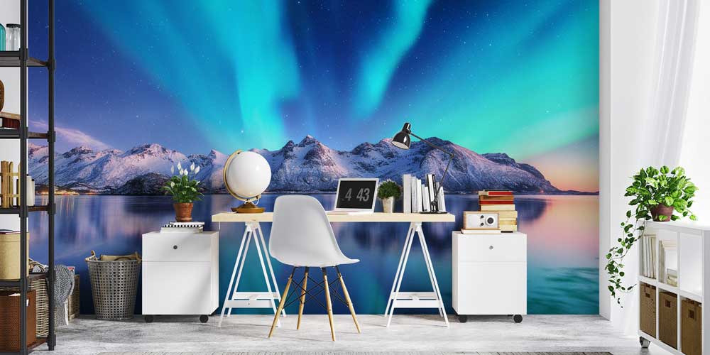 Kuzey Işıkları ve Karlı Dağlar Manzaralı Avrupa Duvar Kağıdı 13032