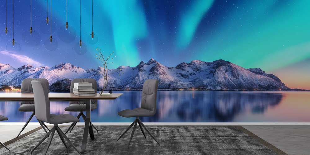 Kuzey Işıkları ve Karlı Dağlar Manzaralı Avrupa Duvar Kağıdı 13032