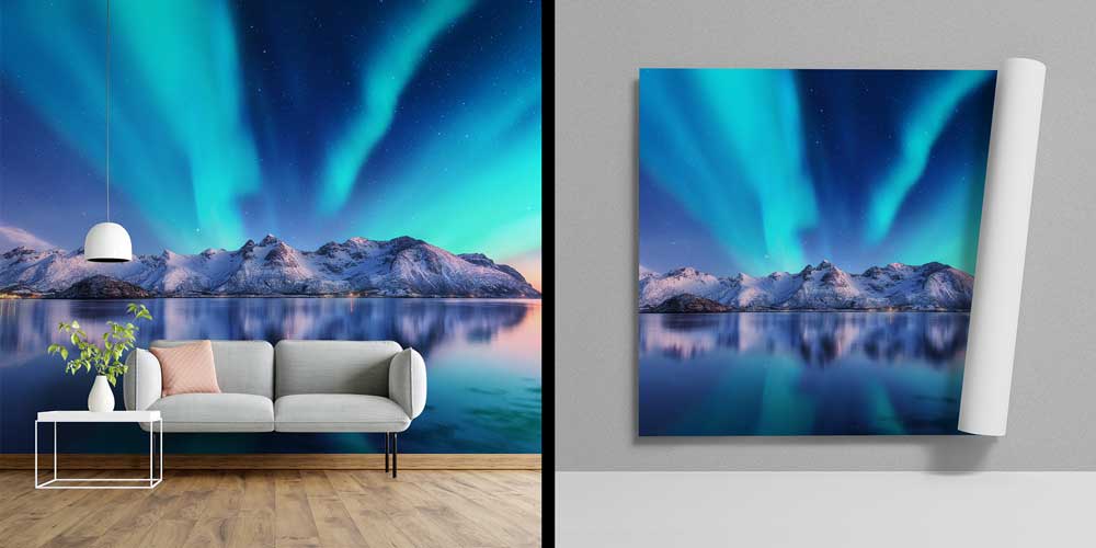 Kuzey Işıkları ve Karlı Dağlar Manzaralı Avrupa Duvar Kağıdı 13032