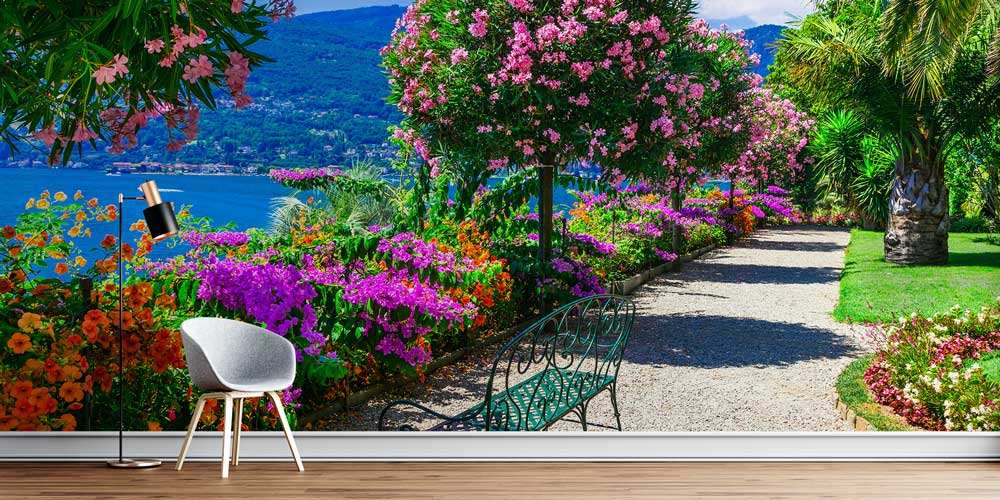 Çiçekli Göl Kenarı Bahçe Yolu Manzaralı Duvar Kağıdı 13033