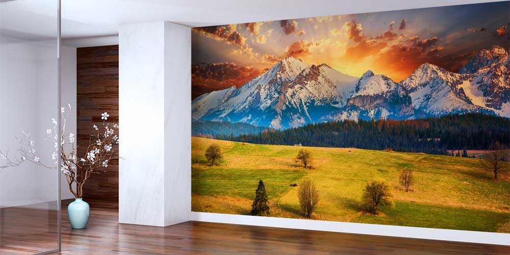 Gün Batımında Karlı Dağlar ve Yeşil Ova Manzaralı Doğa Duvar Kağıdı 13036