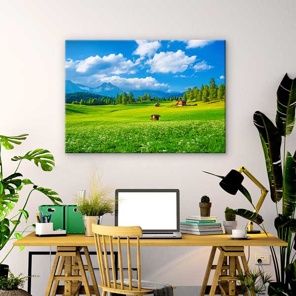 interior-wall-design-13374-02 Yeşil Çayırlar ve Dağ Evleri Manzara Kanvas Tablo 13374
