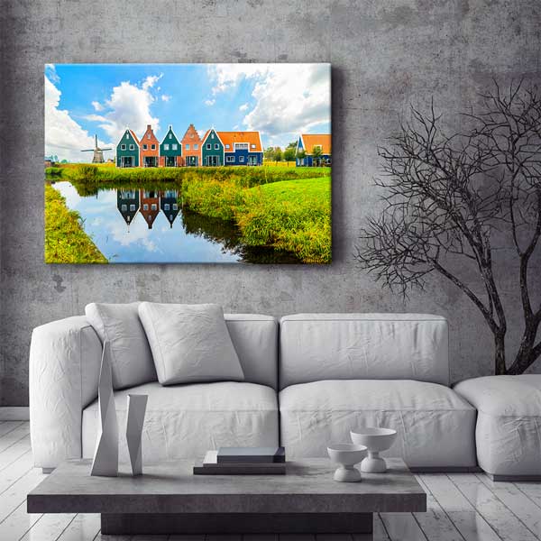 Hollanda Renkli Evler ve Yel Değirmeni Manzara Kanvas Tablo 13461