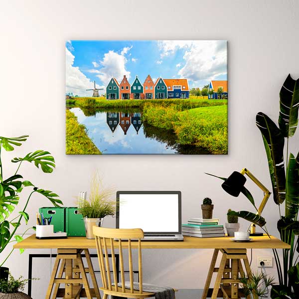 Hollanda Renkli Evler ve Yel Değirmeni Manzara Kanvas Tablo 13461