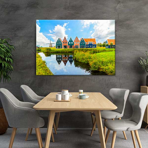 Hollanda Renkli Evler ve Yel Değirmeni Manzara Kanvas Tablo 13461