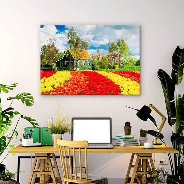 Hollanda Laleler ve Kır Evleri Bahar Manzarası Kanvas Tablo 13465