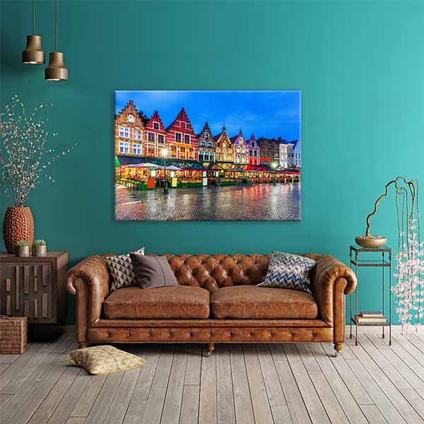 Brugge Tarihi Şehir Meydanı Renkli Binalar Kanvas Tablo 13475