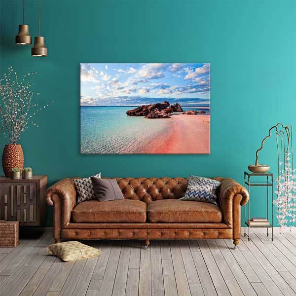 Pembe Sahil ve Turkuaz Deniz Manzarası Kanvas Tablo 13476