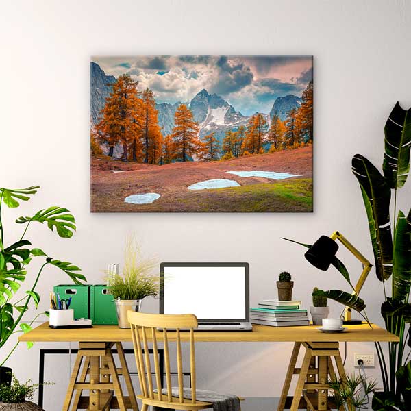 Sonbahar Çamları ve Karlı Dağ Manzarası Kanvas Tablo 13495