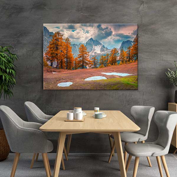 Sonbahar Çamları ve Karlı Dağ Manzarası Kanvas Tablo 13495