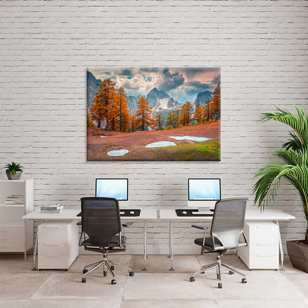 Sonbahar Çamları ve Karlı Dağ Manzarası Kanvas Tablo 13495