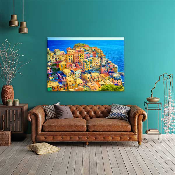 Renkli Akdeniz Sahil Kasabası Manzarası Kanvas Tablo 13503