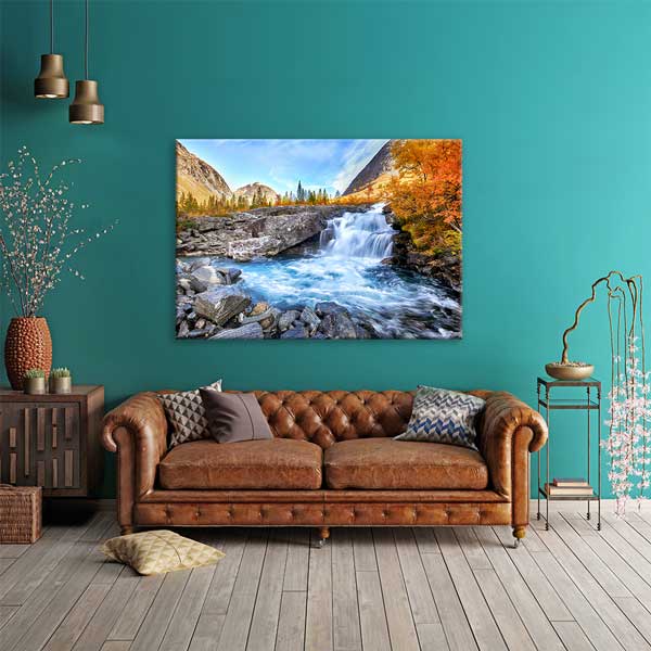 Şelale ve Sonbahar Dağ Manzarası Kanvas Tablo 13507