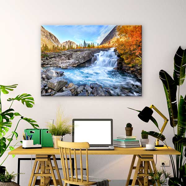 Şelale ve Sonbahar Dağ Manzarası Kanvas Tablo 13507