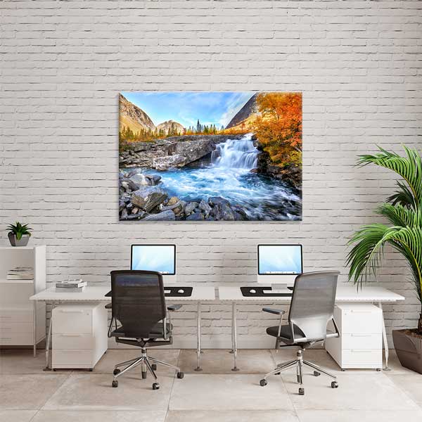 Şelale ve Sonbahar Dağ Manzarası Kanvas Tablo 13507